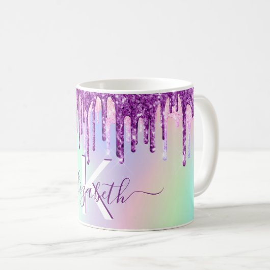 Paarse roze glitter druppelt holografisch monogram koffiemok (Voorkant rechts)