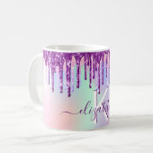 Paarse roze glitter druppelt holografisch monogram koffiemok (Voorkant links)