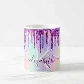 Paarse roze glitter druppelt holografisch monogram koffiemok (Center)