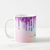 Paarse roze glitter druppelt holografisch monogram koffiemok (Links)