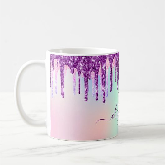 Paarse roze glitter druppelt holografisch monogram koffiemok (Links)