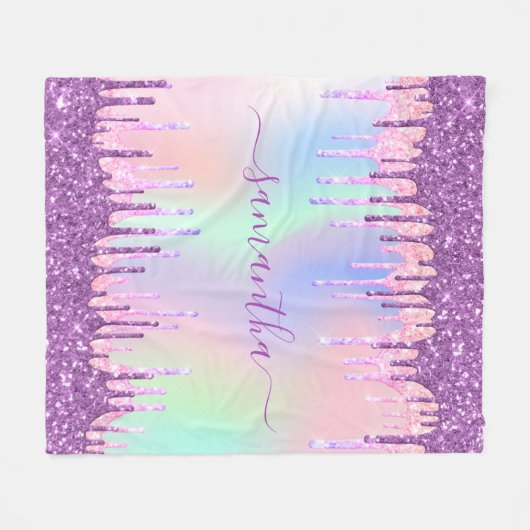 Paarse roze glitter druppelt holografische naam fleece deken (Voorkant (Horizontaal))