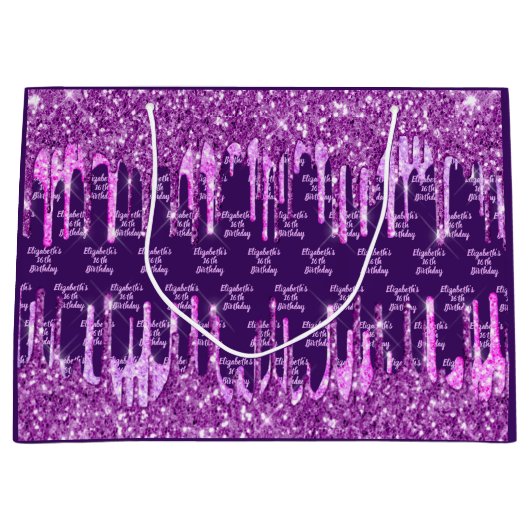 Paarse roze glitter druppelt naam verjaardag groot cadeauzakje (Voorkant)