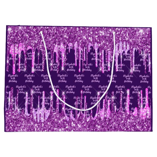 Paarse roze glitter druppelt naam verjaardag groot cadeauzakje (Achterkant)