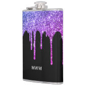 Paarse roze glitter druppelt op spaarmonogram heupfles (Links)