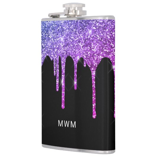 Paarse roze glitter druppelt op spaarmonogram heupfles (Links)