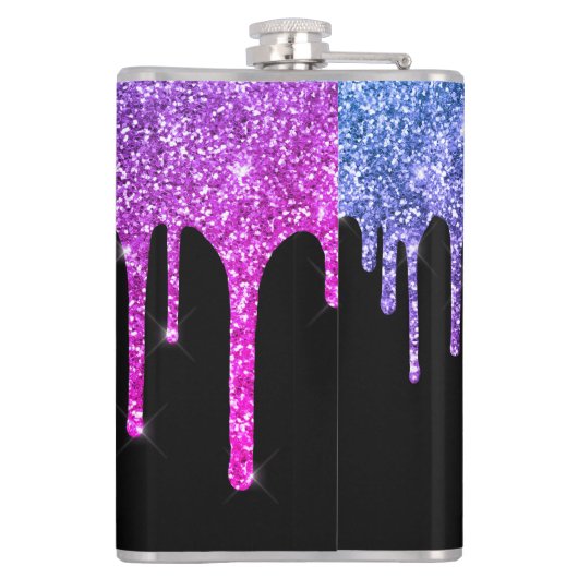 Paarse roze glitter druppelt op spaarmonogram heupfles (Achterkant)