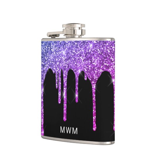 Paarse roze glitter druppelt spaarmonogram 6 oz heupfles (Links)
