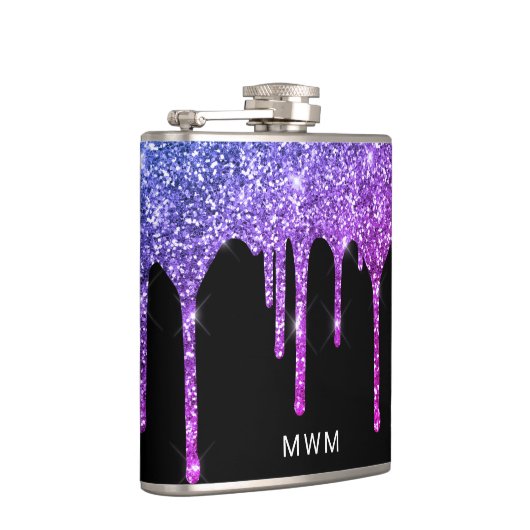 Paarse roze glitter druppelt spaarmonogram 6 oz heupfles (Rechts)