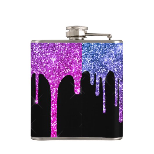 Paarse roze glitter druppelt spaarmonogram 6 oz heupfles (Achterkant)