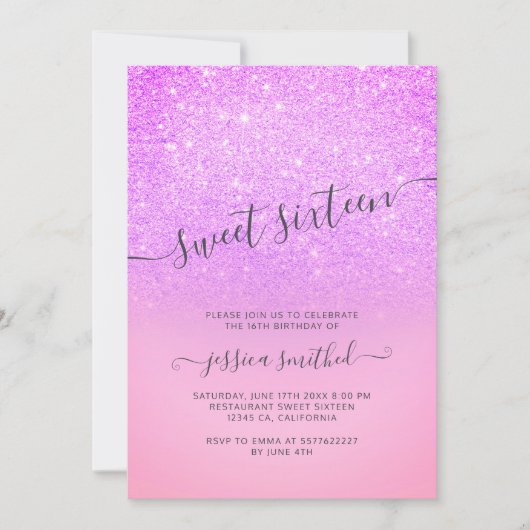 Paarse roze glitter elegant typografie Sweet 16 Kaart (Voorkant)