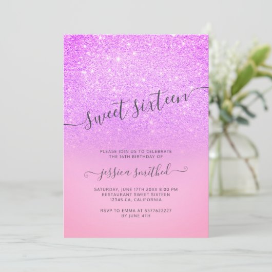 Paarse roze glitter elegant typografie Sweet 16 Kaart (Staand voorkant)