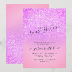 Paarse roze glitter elegant typografie Sweet 16 Kaart