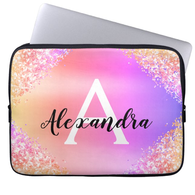 Paarse roze glitter en spaarmonogram laptop sleeve (Voorkant)
