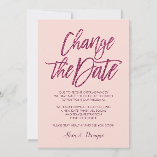 Paarse roze Glitter Geannuleerd Uitgesteld Trouwen Kaart (Voorkant)