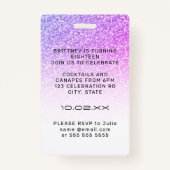 Paarse Roze Glitter Glam VIP Pass 18e uitnodiging Badge (Achterkant)