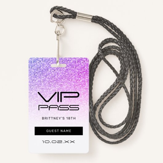 Paarse Roze Glitter Glam VIP Pass 18e uitnodiging Badge (Voorkant met draagriem)