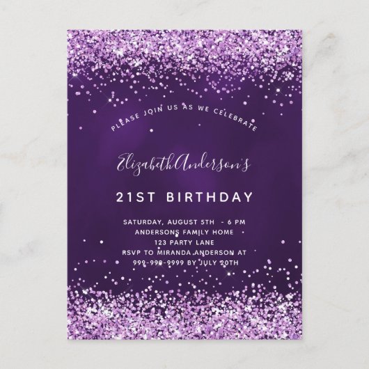 Paarse roze glitter glamoureus uitnodiging briefkaart (Voorkant)