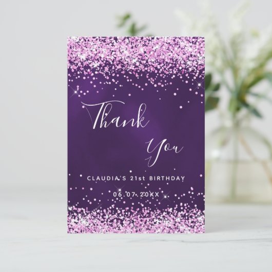 Paarse roze glitter glans bedankkaart (Staand voorkant)