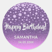 Paarse roze glitter Happy Birthday Ronde Sticker (Voorkant)