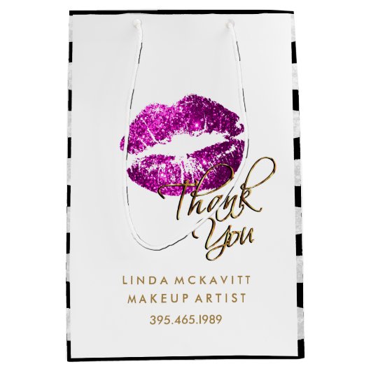 Paarse roze glitter Lips & White Stripes Medium Cadeauzakje (Voorkant)