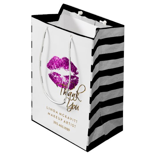 Paarse roze glitter Lips & White Stripes Medium Cadeauzakje (Voorkant Gekanteld)