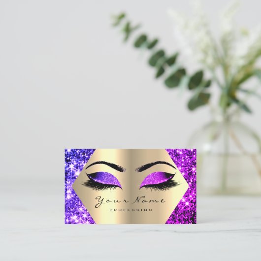 Paarse roze Glitter Makeup Artist Lashes Gold Visitekaartje (Staand voorkant)