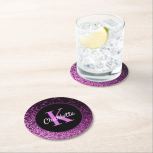 Paarse roze glitter monogram naam ronde kartonnen onderzetter