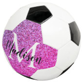 Paarse roze glitter ombre monogram op maat voetbal (Drie kwart)
