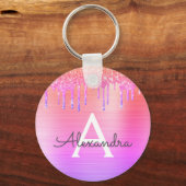Paarse Roze Glitter RVS Monogram Sleutelhanger (Voorkant)