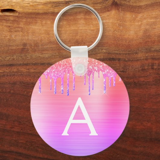 Paarse Roze Glitter RVS Monogram Sleutelhanger (Voorkant)