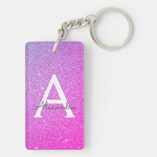 Paarse Roze Glitter & Sparkle Monogram Sleutelhanger (achterkant)