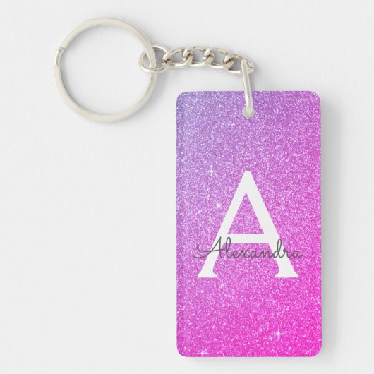 Paarse Roze Glitter & Sparkle Monogram Sleutelhanger (Voorkant)