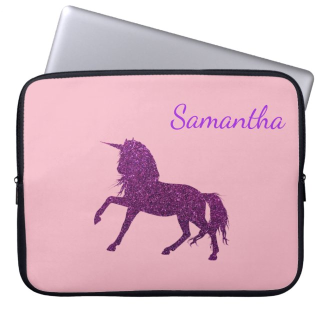 Paarse roze glitter Sparkle Unicorn Girl's Laptop Sleeve (Voorkant)