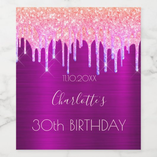 Paarse roze glitterdruppels op feestdag wijn etiket (Enkel label)