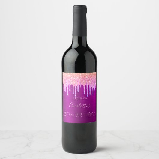 Paarse roze glitterdruppels op feestdag wijn etiket (Voorkant)