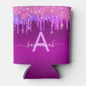 Paarse roze glitters druppels monogram glamor blikjeskoeler (Voorkant)