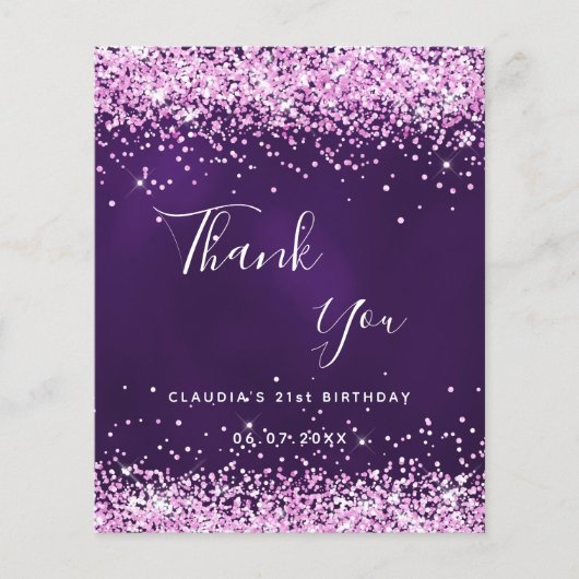 Paarse roze glitters glans budget bedankbriefje flyer (Voorkant)