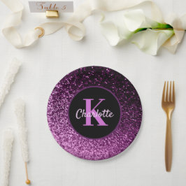 Paarse roze glitters monogram luxe verjaardag papieren bordje