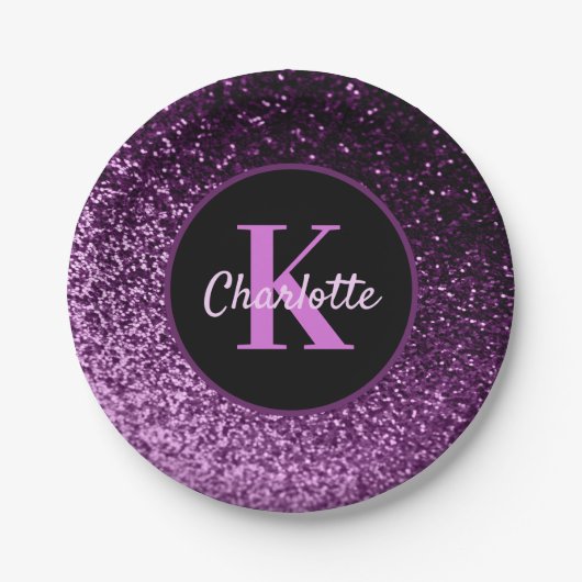 Paarse roze glitters monogram luxe verjaardag papieren bordje (Voorkant)