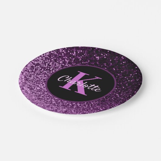 Paarse roze glitters monogram luxe verjaardag papieren bordje (Gekanteld)