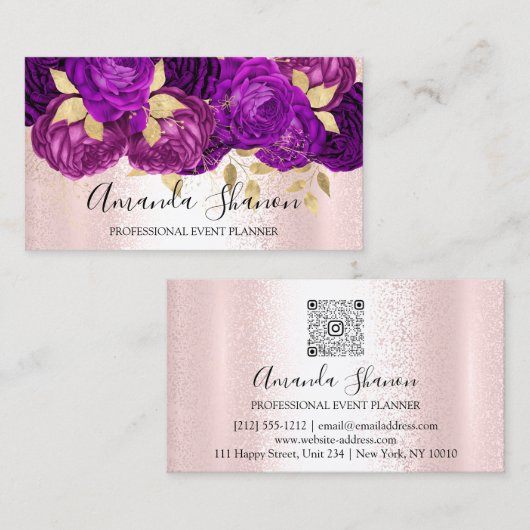 Paarse roze Gold Flowers Logo Event Planner QRCode Visitekaartje (Voorkant / Achterkant)