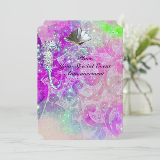 PAARSE ROZE GOLVEN, ZEEPAARDJES, SCHELPEN, BLAUWE  KAART (Staand voorkant)