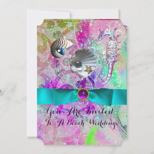 PAARSE ROZE GOLVEN, ZEEPAARDJES, SCHELPEN, BLAUWE  KAART (Achterkant)