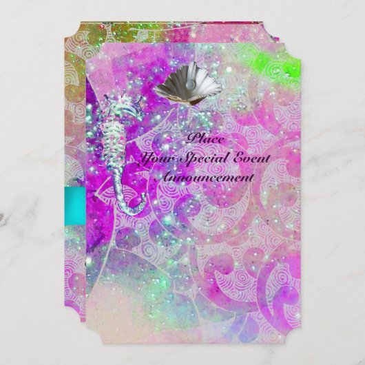 PAARSE ROZE GOLVEN, ZEEPAARDJES, SCHELPEN, BLAUWE  KAART (Voorkant / Achterkant)