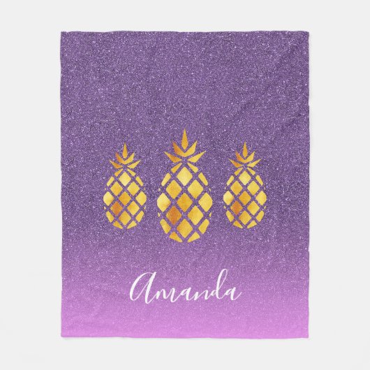 Paarse roze gouden ananas glitter naam fleece deken (Voorkant)