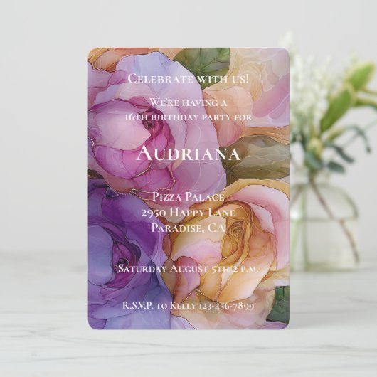  Paarse Roze Gouden Bloem 16e Verjaardag Kaart (Staand voorkant)