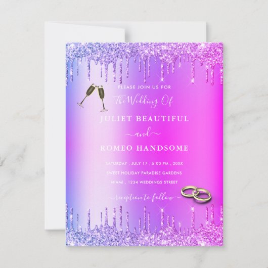 Paarse roze gouden druppels bruiloft uitnodiging K (Voorkant)