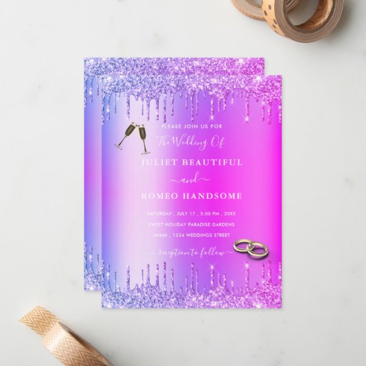 Paarse roze gouden druppels bruiloft uitnodiging K (Voorkant / Achterkant in situ)