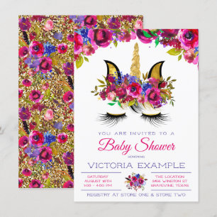 Paarse Roze Gouden Eenhoorn Baby Shower Uitnodigin Kaart